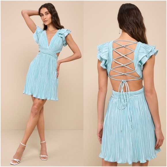 LULU’S Captivating Delight Teal Blue Plisse Satin Lace-Up Mini Dress - Picture 1 of 7